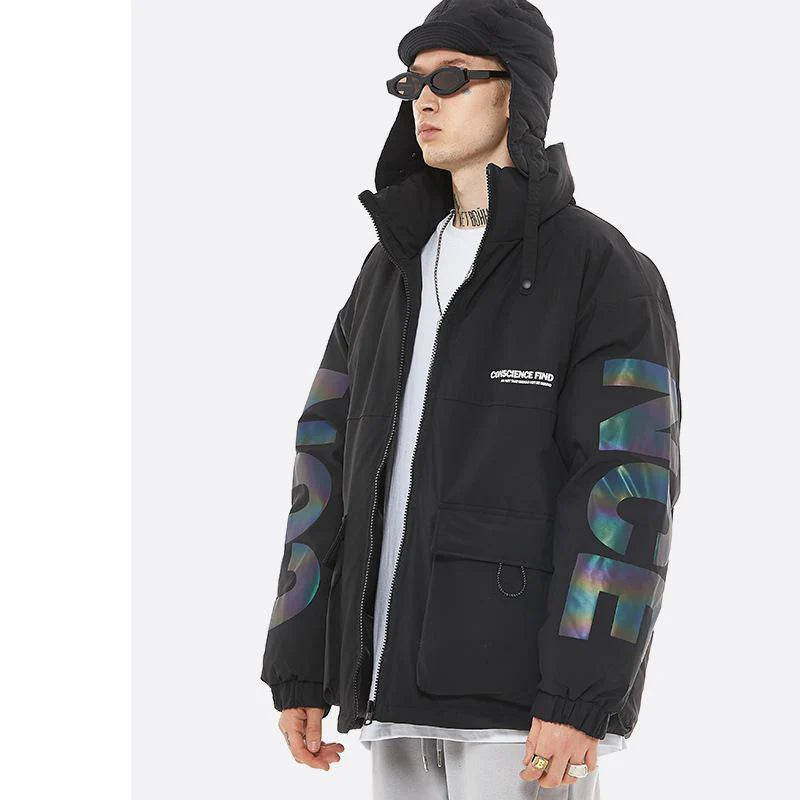 Reflective Hot Film Printing Black Technology Bread Coat Men'S Trend Men'S Cotton Coat